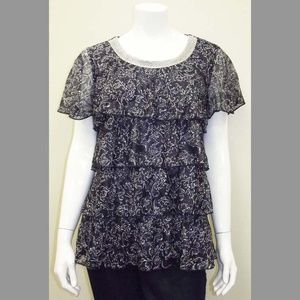 Blue & Silver Shiny Dressy Ruffled Blouse - Large